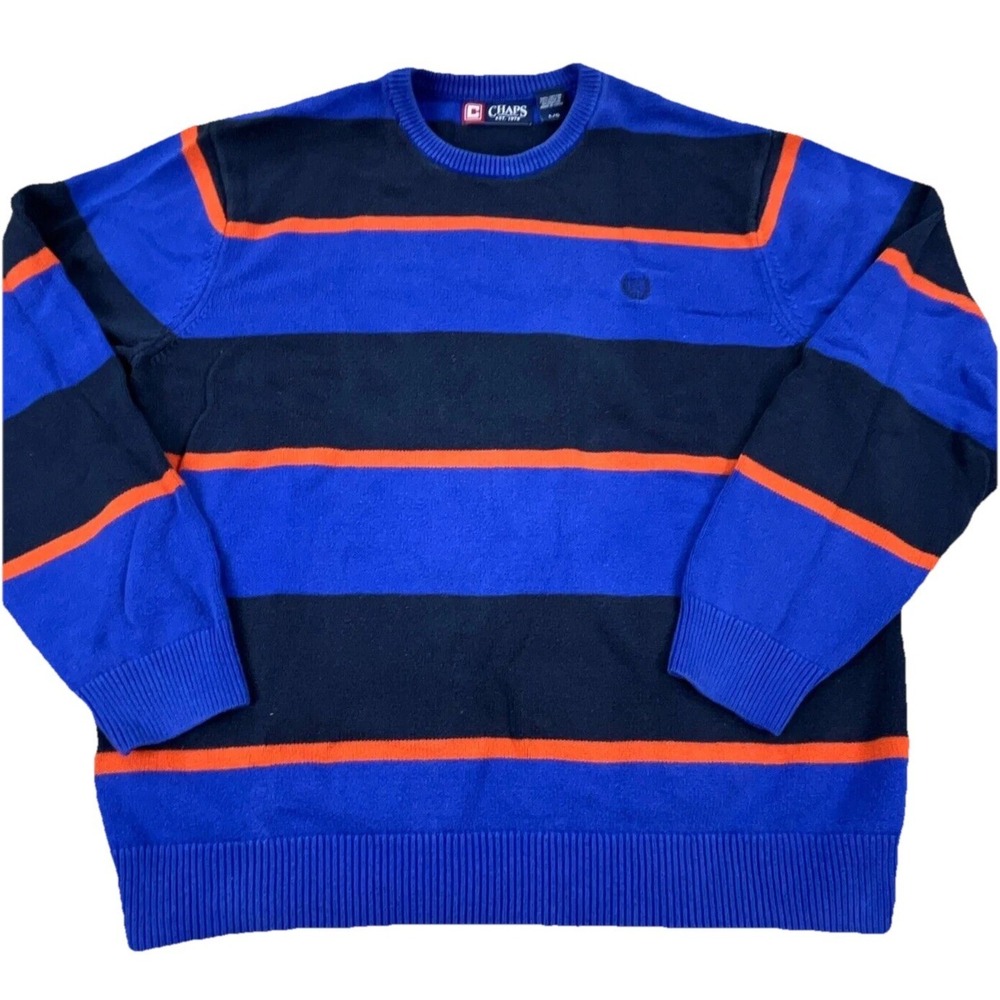 Chaps Sweater Men Large Blue Orange Crew Neck Knit Sweatshirt Colorblock Stripes